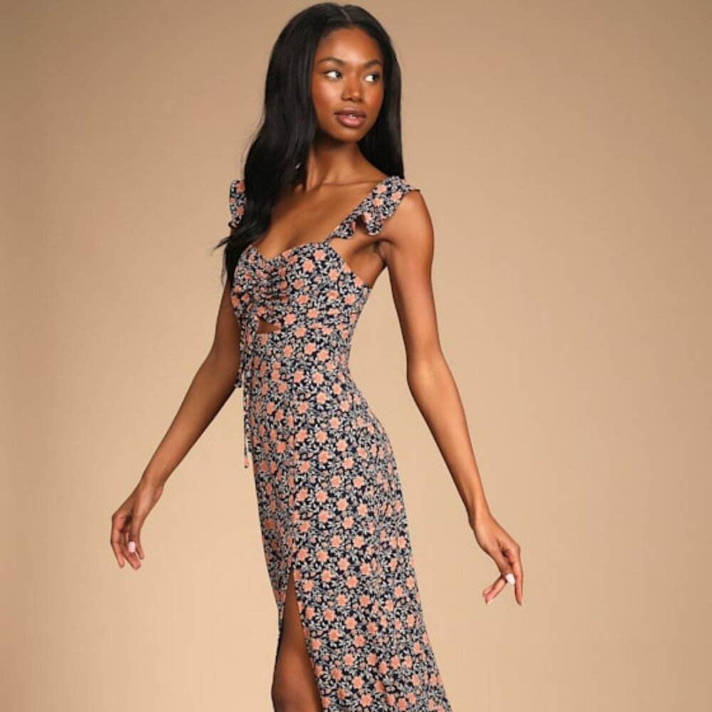 Lulus The Way To Love Navy Blue Floral Print Ruffled Maxi Dress - Size M